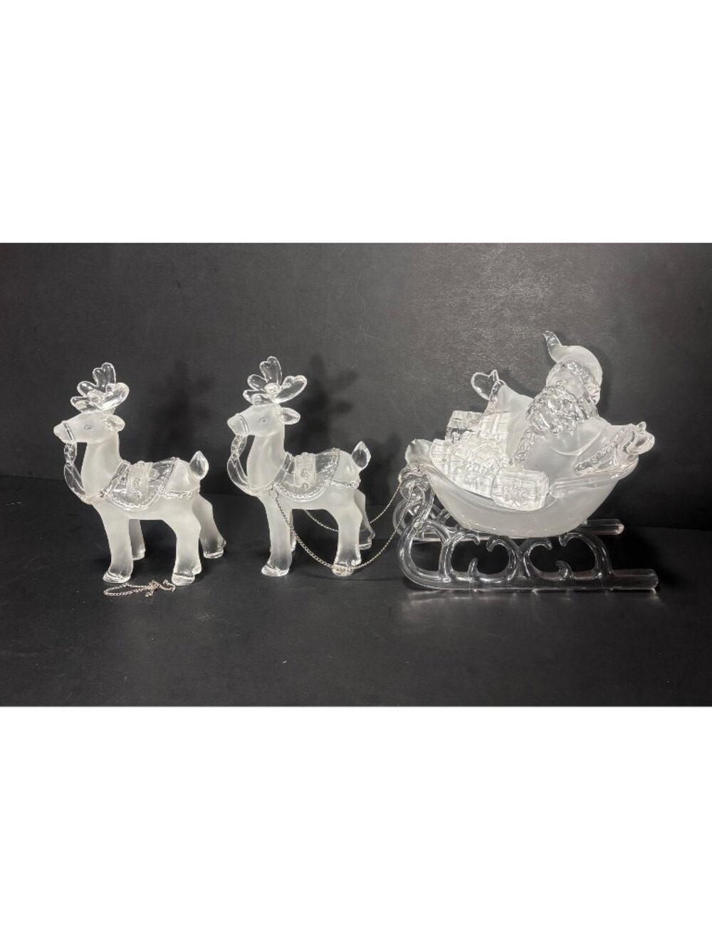 Frosted Acrylic Plastic Santa Sleigh & Reindeer Figurine Set Holiday Centerpiece